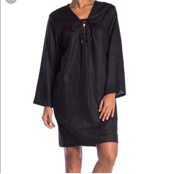 Mikoh Malama Black Linen Lace-up Long Sleeve Mini Dress Cover-up Size XS / S - Picture 9 of 16